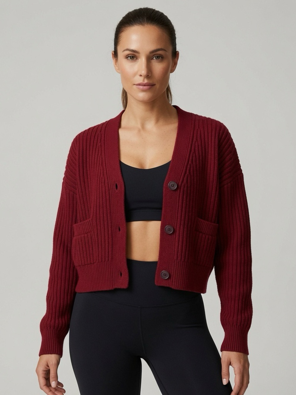 Beyond Yoga Cropped Rib-Knit Cardigan Sweater - Burgundy Medium NWT